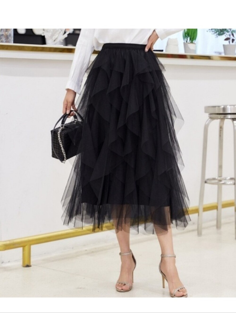 Nwt XL & Large WD.NY Black Pleated Tulle Maxi Skirt Elastic Waist